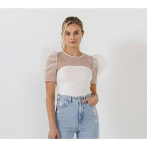 Endless Rose Knit Organza Mixed Media Balloon Sleeve Top Ivory Women's XS NWT